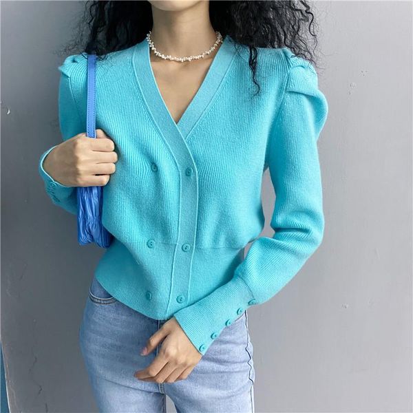 

women's knits & tees elegant knitted cardigan women 2021 v-neck double breasted puff sleeve cardigans sweater coat ladies knitwear, White
