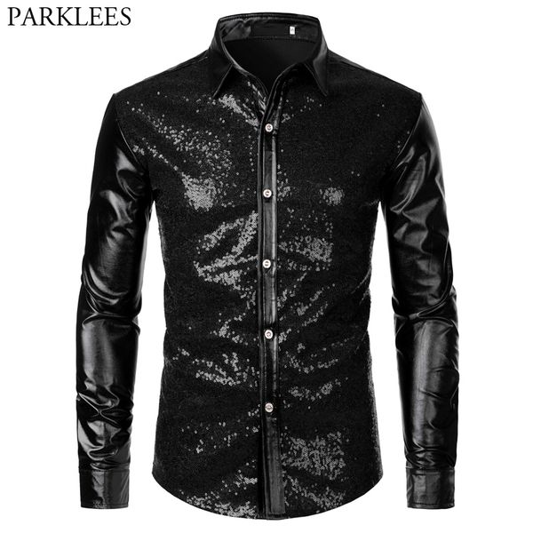 

black sequin glitter dress shirt men shiny long sleeve button down 70s disco party dance shirt male christmas halloween costume 201120, White;black