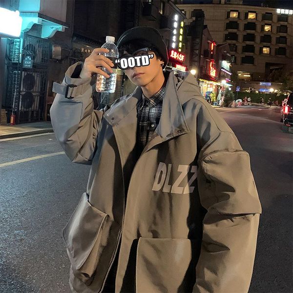 

2020 winter new youth fashion men's loose reflective print hooded jacket fashion casual casual jacket gray/black/green