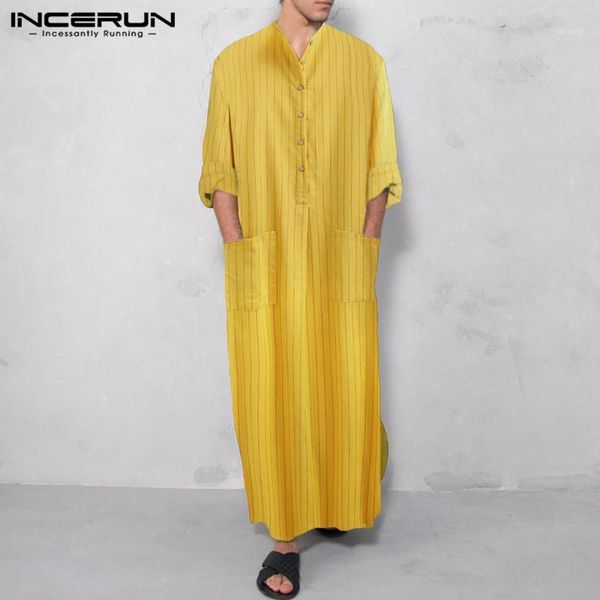 

fashion men muslim striped jubba thobe long sleeve pockets 2020 abaya islamic kaftan dubai saudi arabia casual men robes incerun1, Red