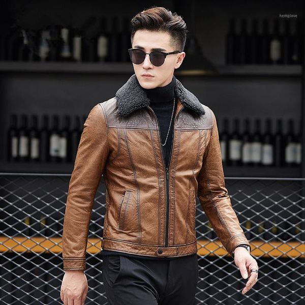 

genuine leather autumn winter jacket motorcycle sheepskin coat for men korean slim lamb fur collar 2876 kj8401, Black