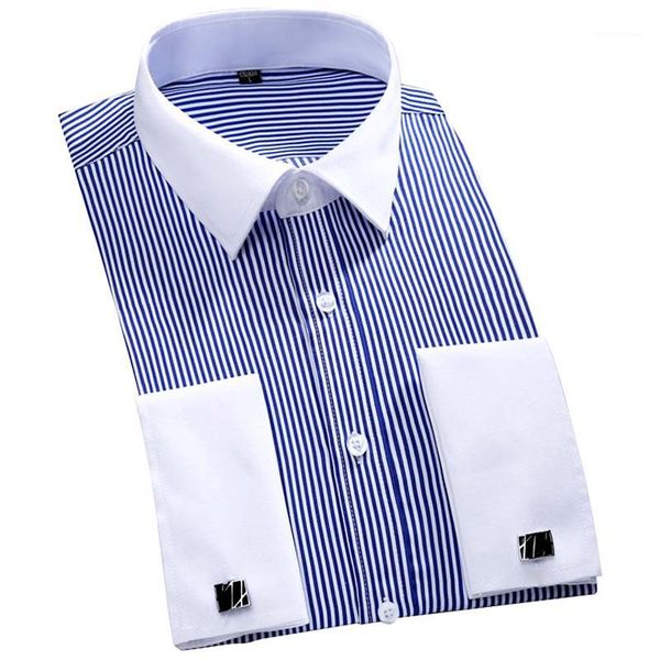 

2019 new design white collar striped french cufflinks men shirts long sleeve french cuff party men dress shirts plus size 4xl 461, White;black