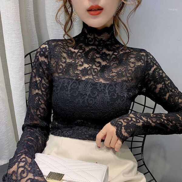 

women lace print shirt 2020 spring long sleeve blouse shirt white hollow out female blouse turtleneck ladies shirts1