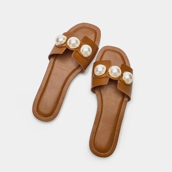 

new fashion flat sandals for women 2021 pearl slippres pu leather flip flops casual open toe outdoor beach slippers, Black