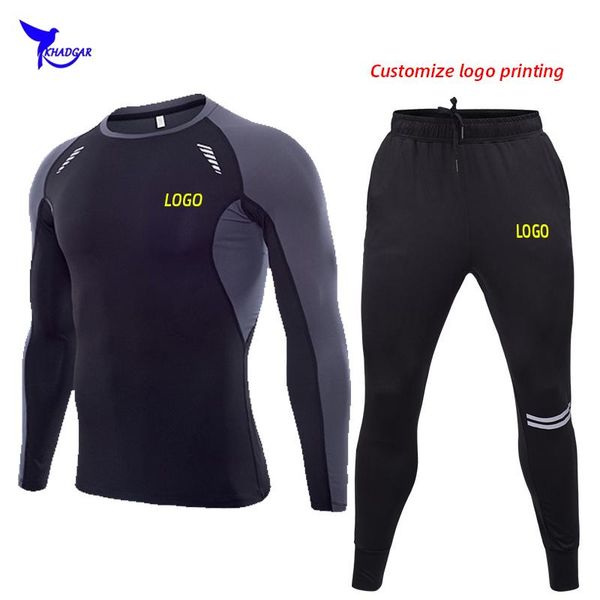 

пользовательский логотип high stretch мужская running набор с длинным рукавом + sweatpants 2 штук спортивный костюм quick dry workout спорти, Black;blue