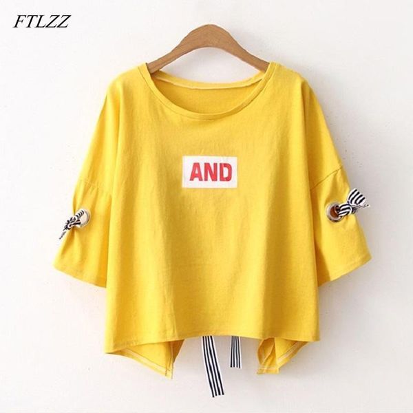 

ftlzz new summer crop women t shirt letter print short sleeve cotton loose yellow black white short t-shirt