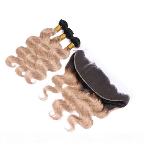 

peruvian honey blonde human hair wefts with frontal closure 1b 27 light brown ombre 13x4 lace frontal with body wave weave bundles, Black