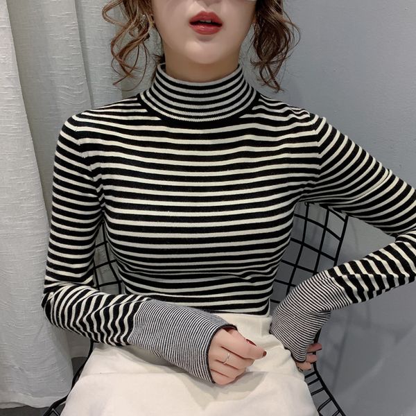 

new half 2021 turtleneck high shirt boring bottom slim fit foreign lady winter stripe women's long sweater twd3, White;black