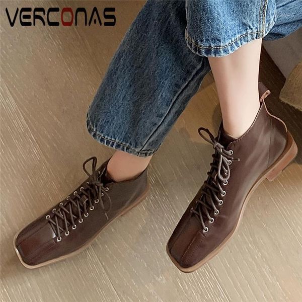 

verconas female basic retro casual ankle boots for women low heels shoes woman autumn winter lace-up square toe genuine leather1, Black