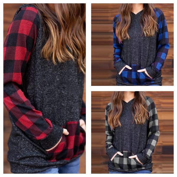 

christmas women plaid patchwork t-shirt hoodies long sleeve hoodie sweatshirts casual hooded pullover ladies tshirt with pocket e110201, White