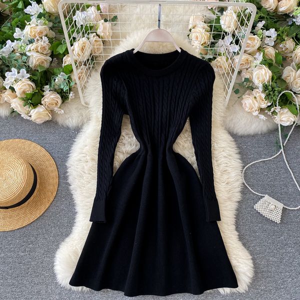 

2021 new female knitted winter elastic fashion long line elegant warm dress in sweater srmt, Black;gray