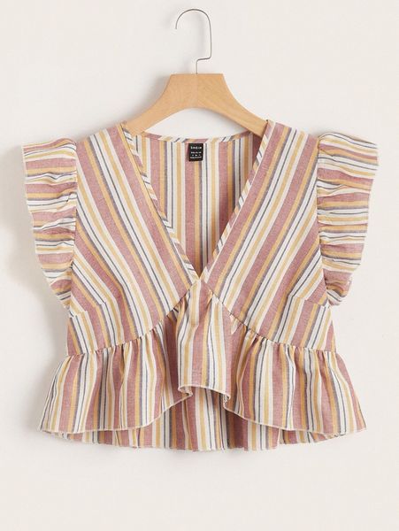 

striped butterfly sleeve peplum h5ru#, White