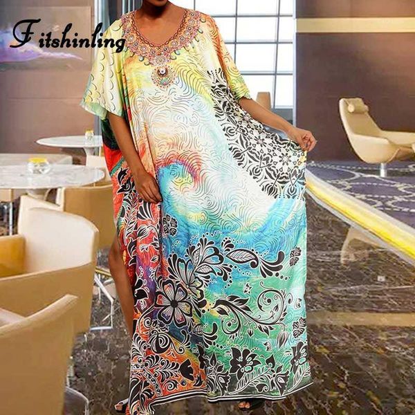 

cover-ups fitshinling oversize print kaftan beach cover-up long dress women summer holiday batwing sleeve robe maxi dresses female1