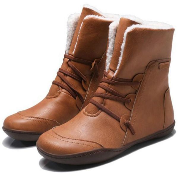 

boots fashion female snow round toe flat 2021 with cross tied ankle women winter warm fur shoes woman, Black