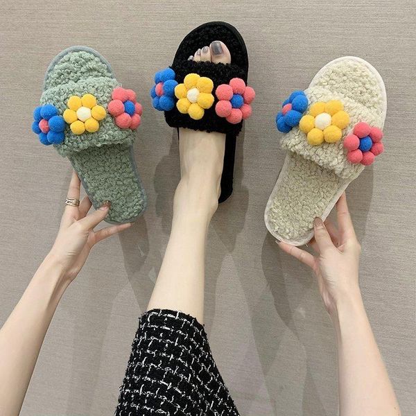 

noworry winter women house slippers faux fur fashion flower furry slippers warm shoes flats female slides cozy home, Black