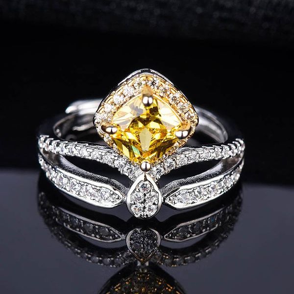 

cluster rings luxury female girl crystal cz zircon stone ring silver color 925 sterling yellow engagement for women, Golden;silver