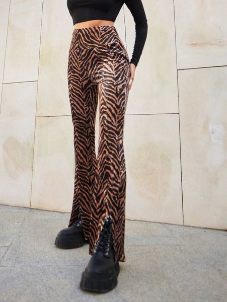 

high waist allover print split hem velvet flare leg pants a8f0#, Black;white