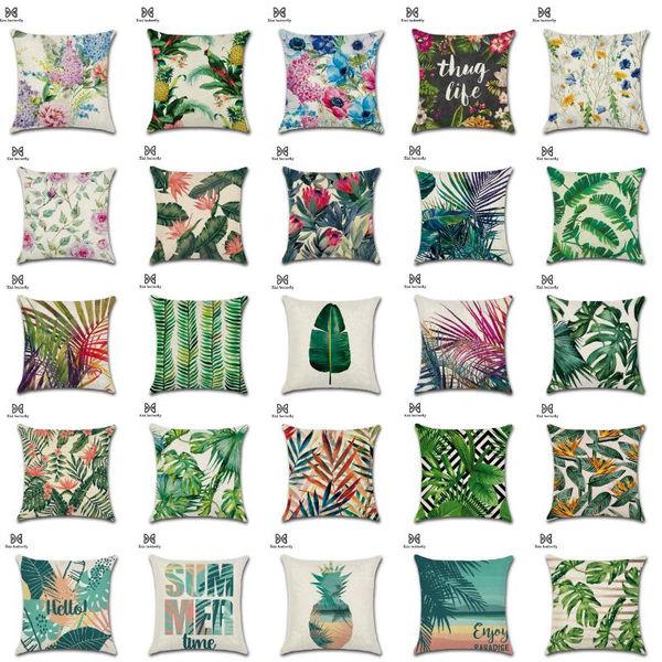 

floral linen pillowcase tropical flower cushion cover monstera palm green tropical leaves sofa couch decorative pillows cover