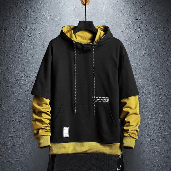 

men's hip hop hoodies pullover fake two piece patchwork streetwear casual clothes color block sweatshirt 2020 new fashion, Black