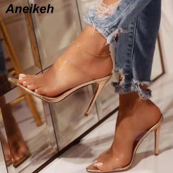 

aneikeh 2020 classic pvc summer high heel sandals open toe transparent thin high heels solid pointed toe gold size 35-42 0928, Black