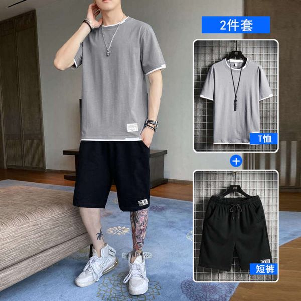 

2020 korean men's new suit summer fashion casual sportswear a set of short sleeve clothes, Gray