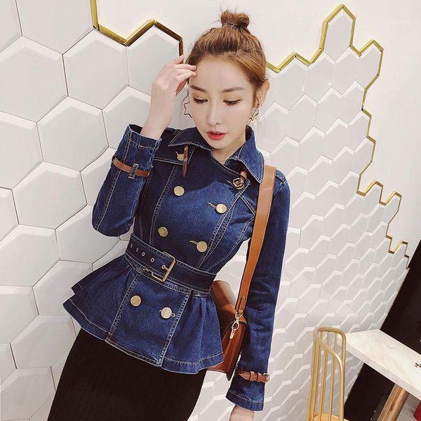 

autumn women slim denim coat elegant office ladies double breasted belt cotton jacket fashion blue turn-down collar jeans jacket1, Black;brown