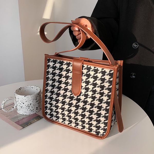 

style large-capacity handbags new trendy fashion cross-body houndstooth woolen shoulder bucket bag dual-use bag width: 26cm