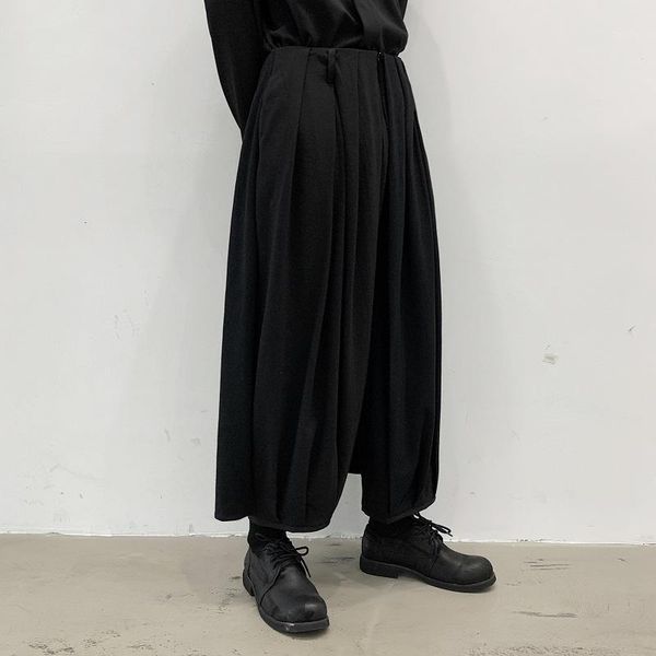 

male retro fashion punk gothic wide leg skirt pant trousers men japan harajuku streetstyle loose casual kimono pant1, Black