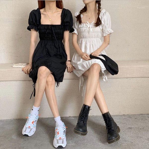 

2020 summer white black mini dress women vintage short puff sleeve rullfes club a-line dress party vestidos1, Black;gray