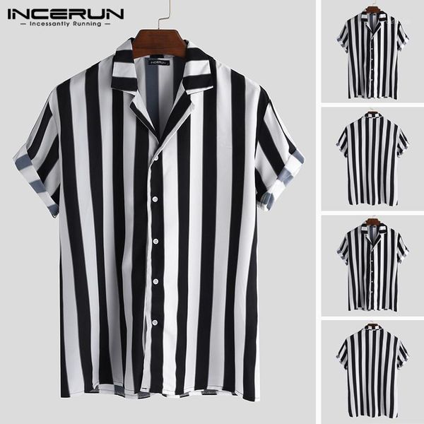 

incerun summer 2019 men's lapel black short-sleeved vertical shirt european american fashion street chic loose new men's shirt1, White;black