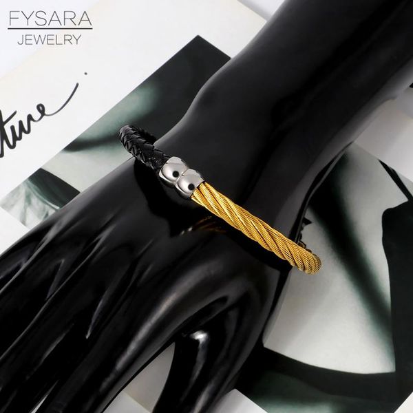 

fysara из нержавеющей стали кабельный проволочный браслет браслет браслеты старинные натуральные кожи черный магнит браслеты мужские панк па, Black