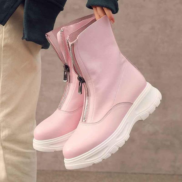 

2020new winter shoes women's boots cow leather round toe sweety girl front zipper plus size princess design mid-calf boots mujer, Black