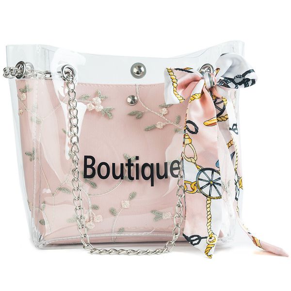 

new style clear transparent jelly composite women bag printing flower inner bag fashion lady shoulder cross-body handbag purse