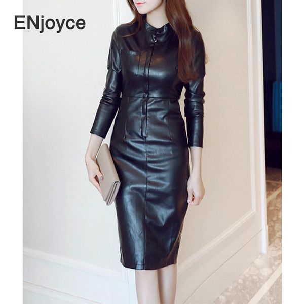 

2021 autumn winter new vintage faux leather pu black dresses women long sleeve midi evening party slim bodycon dress vestidos, Black;gray