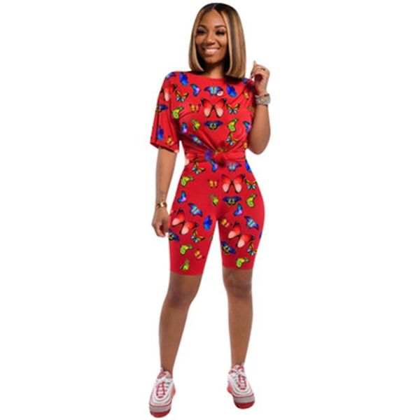 

ladies butterfly pattern sets fashion trend short sleeve round neck tees shorts sweatpants designer female casual two piece sets tracksuits, Gray