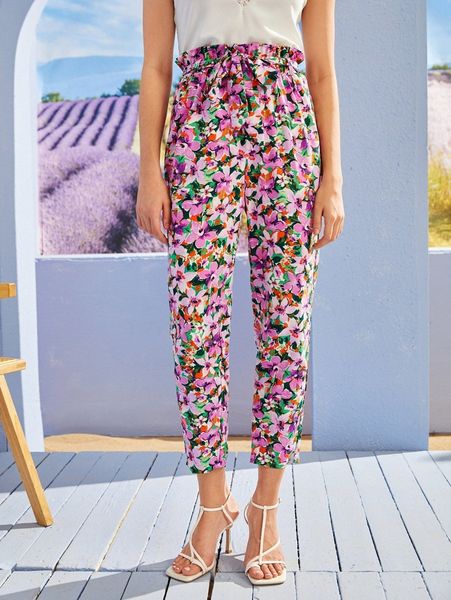 

paperbag waist floral allover print belted pants f4ab#, Black;white