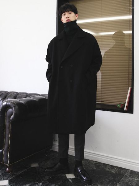 

2021 new winter men wool blends coats long trench coat solid color single-breasted windbreaker plus size casual outwear d1751, Black