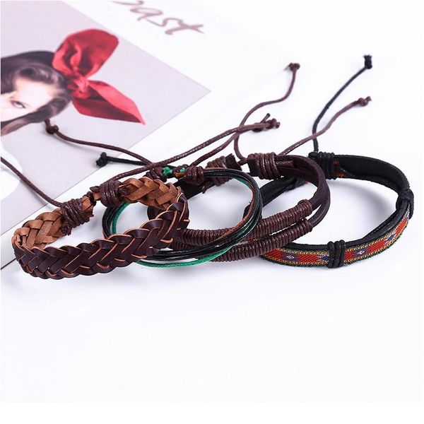 

eif dock ethnic 4 pcs/set wood beads charm handmade woven men leather bracelets women vintage bangle male homme jllvea