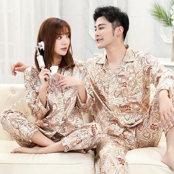 

couple pajamas women spring summer ice silk pajama men simulation silk thin long sleeve home clothes suit plus size pjs women1, Black;red