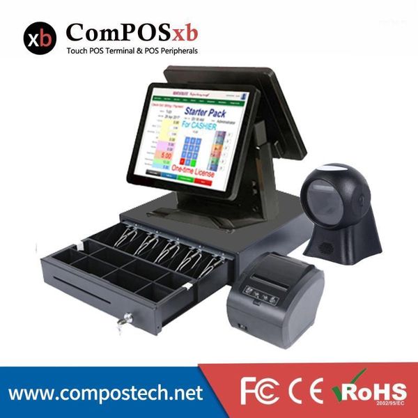 

15+15 inch touch pc terminal systems with 2d scanner/printer/cash drawer1