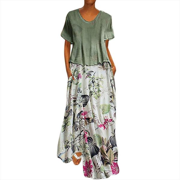 

women vintage maxi dress plus size two piece a set long loose linen dresses patchwork o neck half sleeve dreaped vestidos ladies, Black;gray