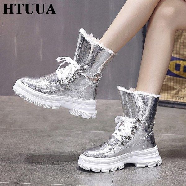 

htuua glossy platform ankle boots for women thick warm plush snow boots female waterproof upper rain winter shoes sx4412, Black