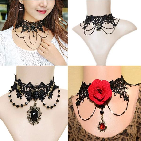 

gothic широкий цветок черный кружева chokers ожерелья для женщин мода панк готические колье сладкие винтажные воротнички ожерелье, Golden;silver
