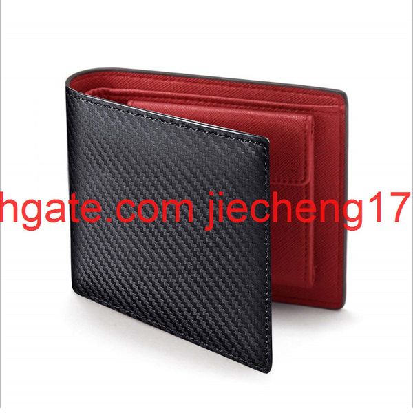 

men's carbon fiber pattern wallet two fold leather wallet multi card pocket short wallet clip, Red;black