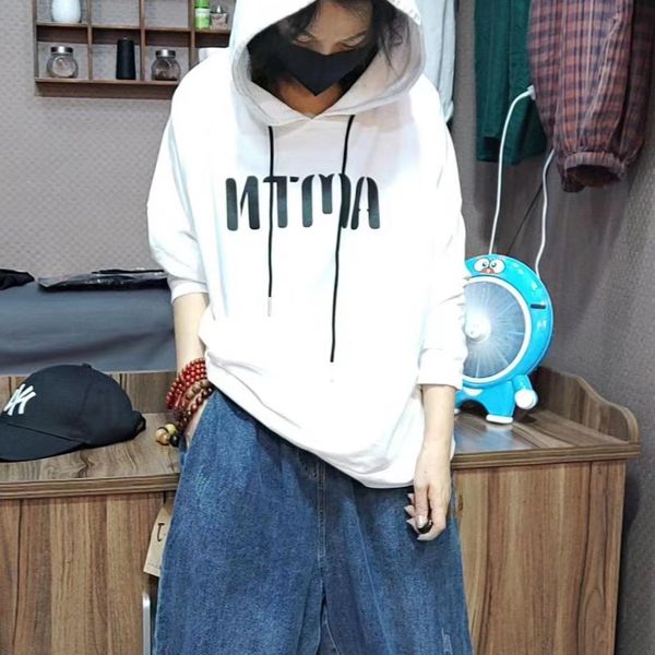 

owshx 2020 осень топ моды sweaternew корейский sweatert футболку письмо печать простой футболка свободный рукав длинный свитер с капюшоном в, Black