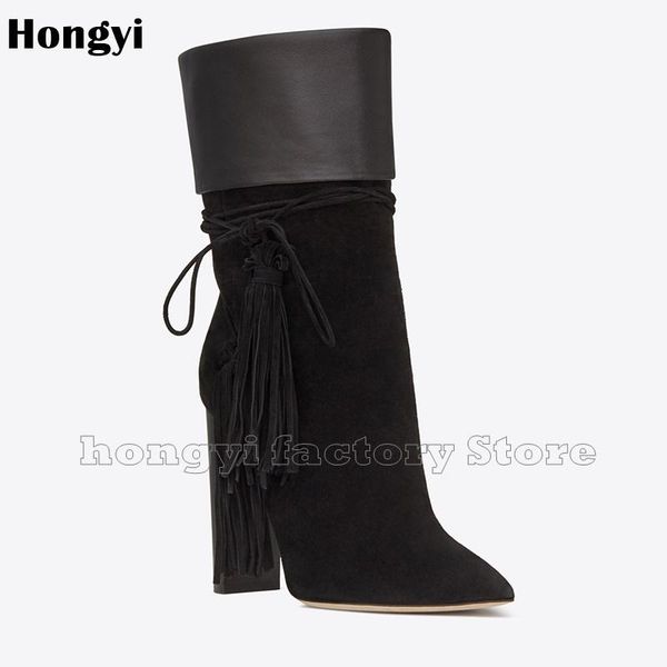 

boots fashion suede pu leather european style fringe designer women tassel pointed toe mid-calf gladiator boot black winter shoe