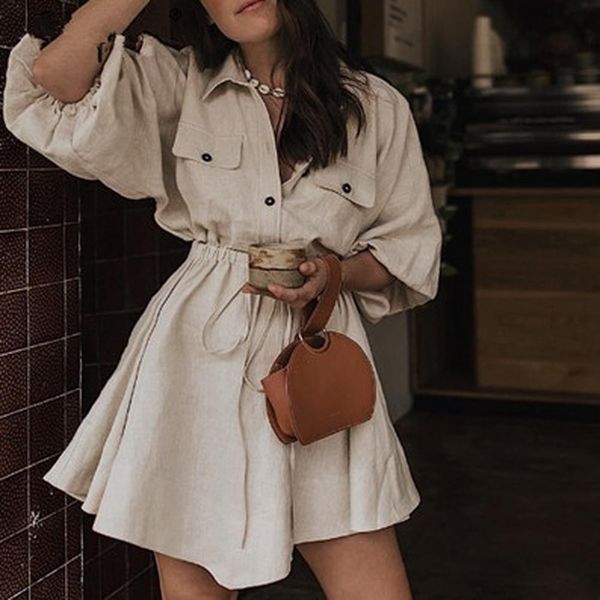 

2021 new vintage elegant women mini shirt dress casual lantern sleeve short dress turndown collar lace up linen female, Black;gray