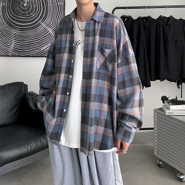 

plaid men's long sleeve loose shirt, White;black