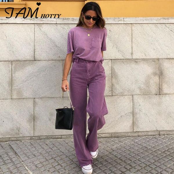 

harajuku wide leg mom jeans women vintage casual korean style high waist fashion denim streetwear purple pants female iamy, Blue