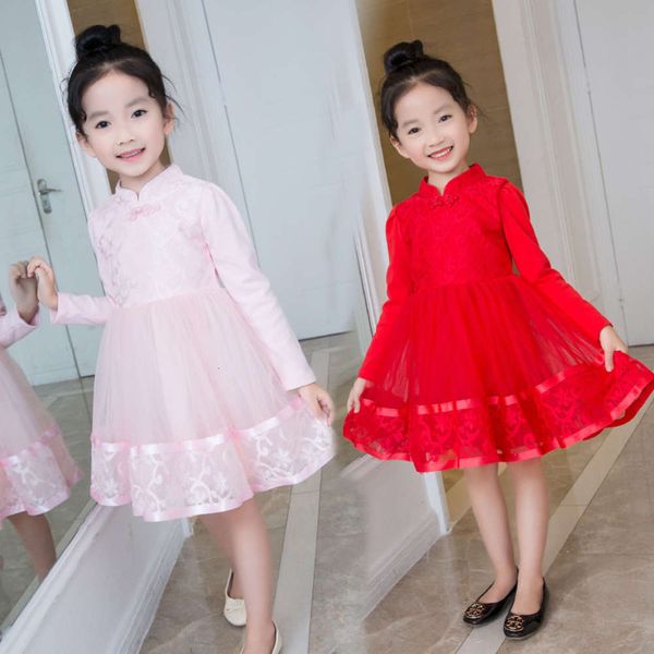 

children's 2020 new autumn and winter wear girl's famous family sle big child standing collar drs cheongsam long sve princs skirt, Red;yellow
